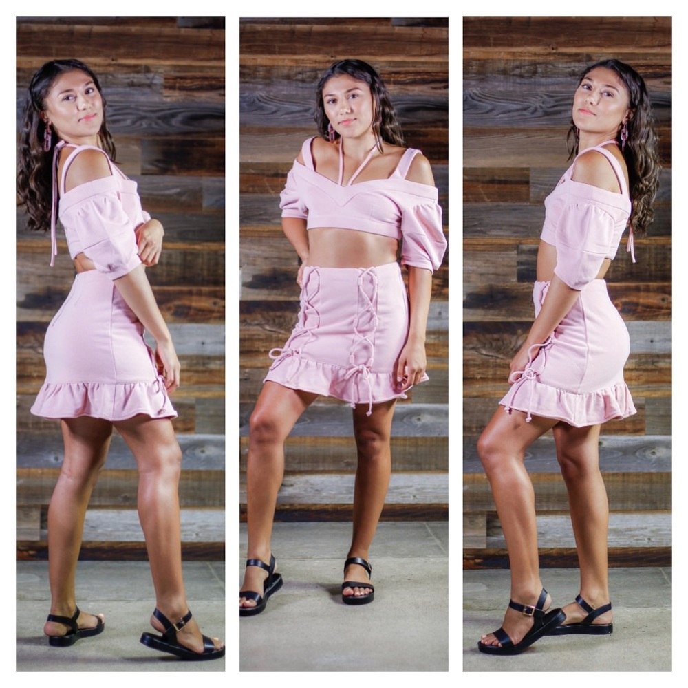 Pink ruffled mini skirt set